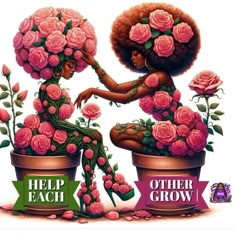 a woman sitting on top of a pot filled with pink roses next to another plant