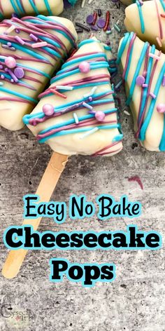 easy no - bake cheesecake pops with blue and pink icing