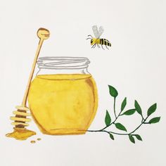 a painting of a honey jar and a bee on a branch with leaves next to it