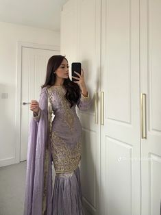 Aesthetic Desi Wedding Fits, Lilac Desi Dress, Pakistani Dress Aesthetic, Modest Desi Outfits, Purple Desi Dress, Purple Gharara Pakistani, Aesthetic Sharara Outfit, Sharara From Old Saree