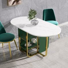 a dining table with two chairs and a vase on it in front of a marble wall