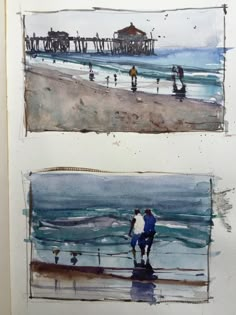 two watercolor paintings of people walking on the beach and in front of a pier