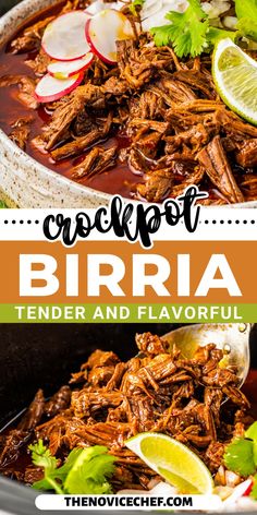 shredded beef and vegetables in a slow cooker with text overlay that reads crockpot birra tender and flavorful