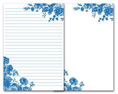 two lined papers with blue flowers on them, one is blank and the other has an empty