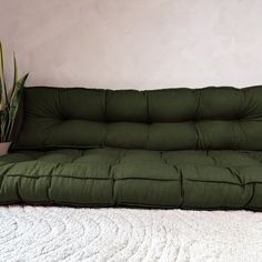 a green couch sitting on top of a white rug next to a potted plant