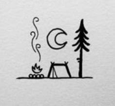 a drawing of a campfire and tent with the moon in the sky above it