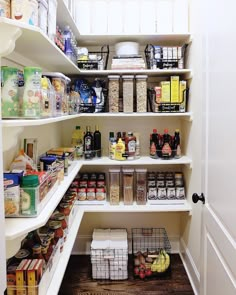 an organized pantry with lots of food and condiments