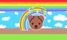 a dog with a rainbow in the background and clouds on it's back ground