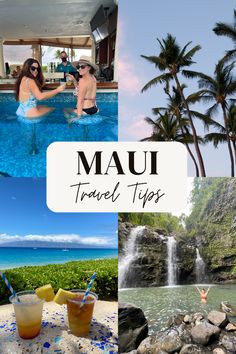 Image reads Maui Travel Tips. The first is of 2 girls sitting at a swim up bar at a Maui hotel using resort pass. There is a bartender in the background. They are smiling at the camera. The second image is of Maui Hawaii palm trees with a pink sunset tint in the sky, the third image is 2 hawaiian drinks sitting on a bar with a bright blue maui beach in the background. Last image is of a girl standing in the water under a Maui Road to Hana water fall with her hands up in the air. Reef Safe Sunscreen, Maui Travel Guide, Hawaii Vacation Tips, Maui Tours, Maui Itinerary, Maui Hotels, Maui Resorts, Trip To Maui, Tennessee Travel