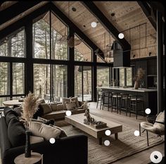 Large Kitchen Ideas Open Floor, Barndominum Living Room, Timber Interior Design, Moody Modern Cabin, Nordic Lake House, Scandanavian Interiors Cabin, Chalet Design Interior Inspiration, Dark Interior Walls, Modern Mountain House Interior Design