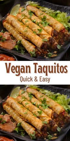 vegan taquitass with meat and lettuce on them are ready to be eaten