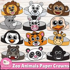 the zoo animals paper crowns are ready to be used for children's birthday parties