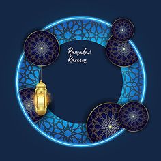 a blue and gold circular frame with lanterns on it