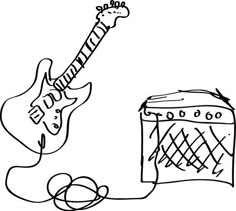 a black and white drawing of an electric guitar next to a box with a string on it