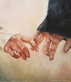 an oil painting of two hands holding each other's hand, with white background