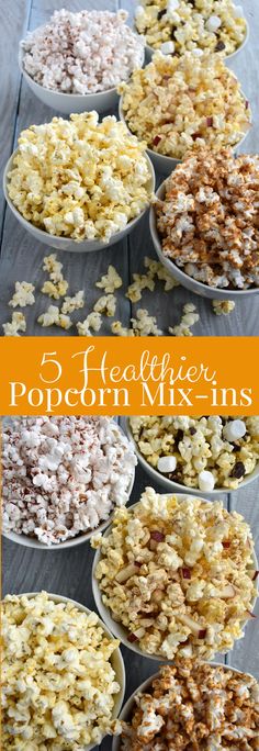 popcorn mix in white bowls with text overlay that reads 5 healthy popcorn mixins