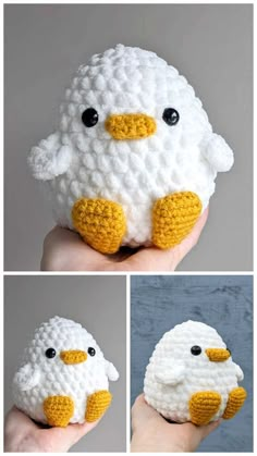 crocheted white and yellow bird with black eyes is shown in three different pictures