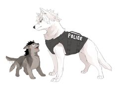 two dogs standing next to each other in front of a white background with the words police written on it