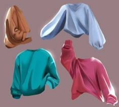 four different colored sweaters are shown on a gray background, one is blue, the other is pink