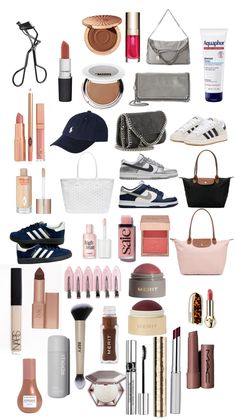 a collage of various items that include shoes, bags, lipsticks and purses