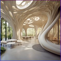 an artisticly designed lobby with circular seating