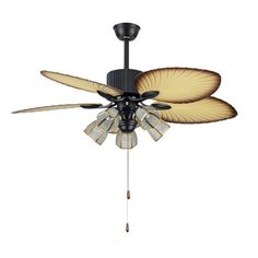 a ceiling fan with four blades and two light bulbs on the top of each blade