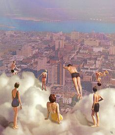 many people are floating in the sky above some buildings and clouds with one person on top