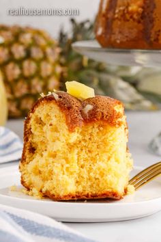 a slice of pineapple upside down cake on a plate