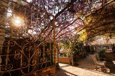 the sun shines through an iron gate in a garden area with benches and tables