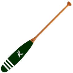 a green and white wooden paddle with a bird on it's side, isolated against a white background