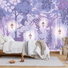 a bedroom scene with a bed and wallpaper that has purple trees on the walls