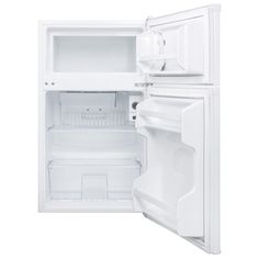 an empty white refrigerator with its door open