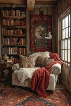 a living room filled with furniture and bookshelves covered in lots of different types of blankets