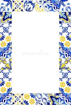 an ornate blue and yellow frame with flowers on the edges, isolated against a white background royalty