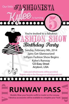 a pink and black birthday party flyer with a dress on the mannequins