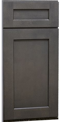 an image of a kitchen cabinet door in dark grey color with white trim on the top and bottom