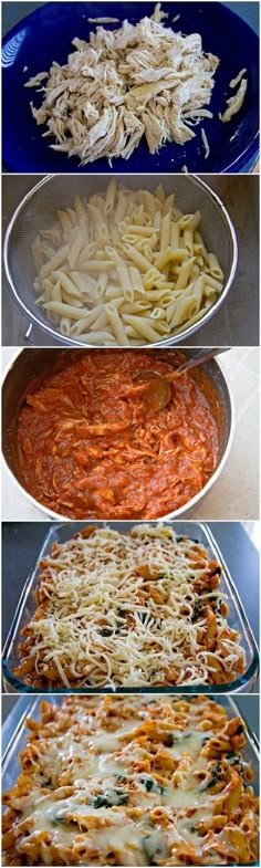 four different pans filled with pasta and sauce on top of each other, one being cooked