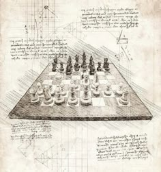 a drawing of a chess board with many pieces on it