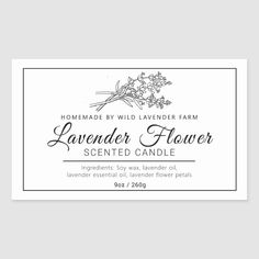 the lavender flower scented candle label is shown in black and white, with flowers on it