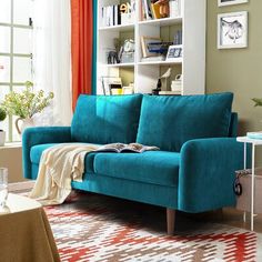 a living room with a blue couch in the middle and bookshelves behind it