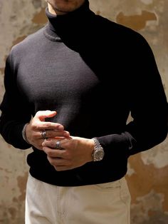 Men's Solid Color Loose Long Sleeve High Collar Sweater, Autumn/Winter Black Casual  Long Sleeve Fabric Plain Basic Tops Medium Stretch  Men Clothing, size features are:Bust: ,Length: ,Sleeve Length: Men’s Turtleneck, Long Sleeve Turtleneck With Ribbed Cuffs For Cold Weather, Cold Weather Long Sleeve Turtleneck, Cold Weather Turtleneck With Ribbed Cuffs, Classic Turtleneck For Winter, Classic Winter Turtleneck In Specific Color, Slim Fit Sweater For Fall, Black Wool Turtleneck For Winter, Fitted Solid Color Sweater For Winter