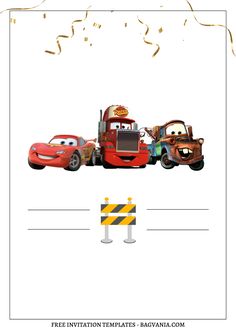 the cars movie birthday card is shown with gold confetti streamers in the background