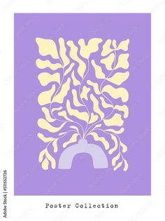 a purple and yellow poster with an image of a vase filled with leaves on it