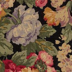 an image of a flower pattern on black groundcloths with pink, yellow and red flowers