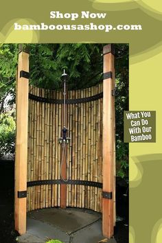 an outdoor bamboo shower in the middle of a garden with text overlay that reads shop now