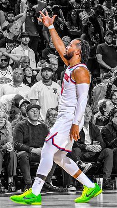 NBA New York Knicks star Jalen Brunson points to the sky after a bucket in the first round of the 2024 NBA playoffs in neon green Nike sneakers Nyc Aesthetic Wallpaper, J Cole And Drake, Odell Beckham Jr Wallpapers, Basketball Wallpapers Hd, Cool Basketball Wallpapers, Nba Artwork, Basketball Background