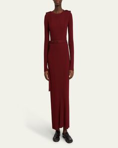 Proenza Schouler "Lauryn" mix ribbed knit sweater dress featuring shoulder epaulets and a button waist belt    Round neckline    Long sleeves    Sheath silhouette    Full length    Centerback slit hem    Slipover style    Viscose/nylon/polyamide/silk    Dry clean    Imported Maxi Sweater Dress, Maxi Sweater, Sweater Maxi Dress, Cocktail Jacket, Ribbed Knit Sweater, Knit Sweater Dress, Lingerie Sleepwear, Proenza Schouler, Waist Belt