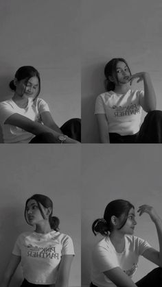 four photos of a woman sitting on the floor with her hands in her hair and wearing a t - shirt that says pink panther