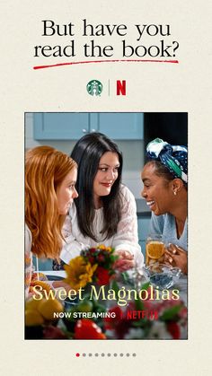 an advertisement for starbucks coffee featuring two women talking to each other and the caption says, but have you read the book?