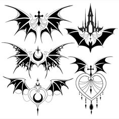 four different types of bats with wings and heart shapes in black and white, on a white background